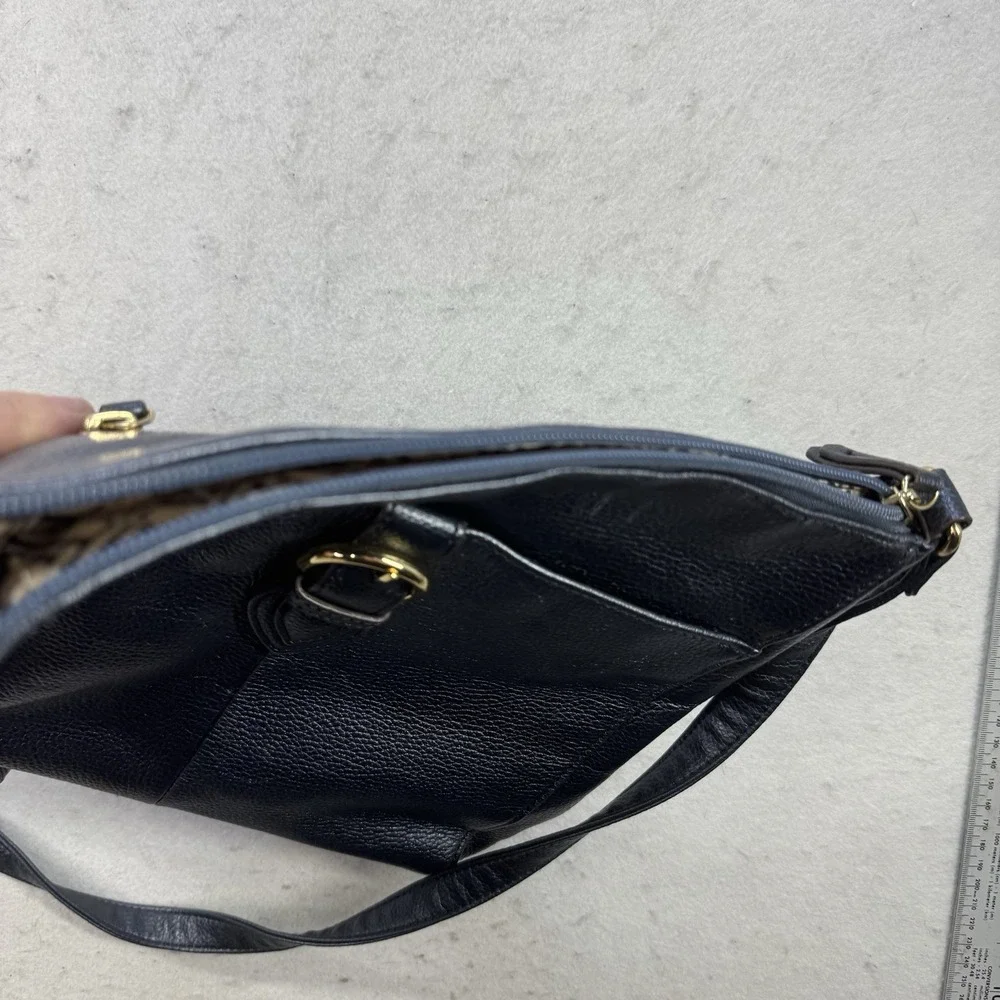 Tignanello Shiny Irridescent Blue Grey Pebbled Leather Messenger Bag Zip Top